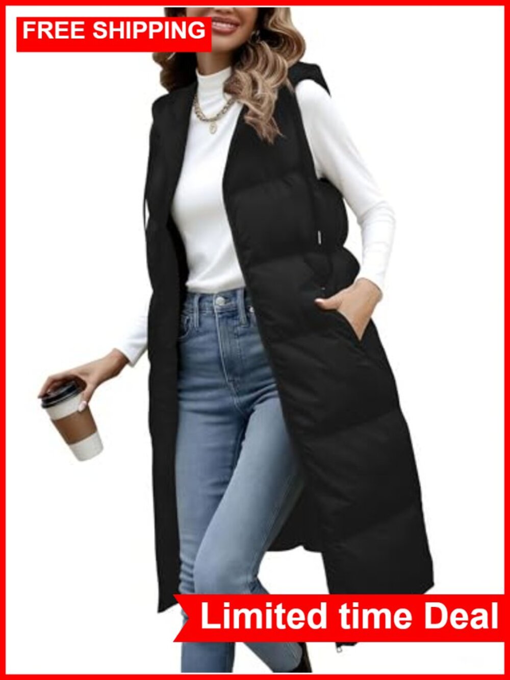 Lingswallow Quilted Puffer Vest Hooded Long Zip Up Sleeveless